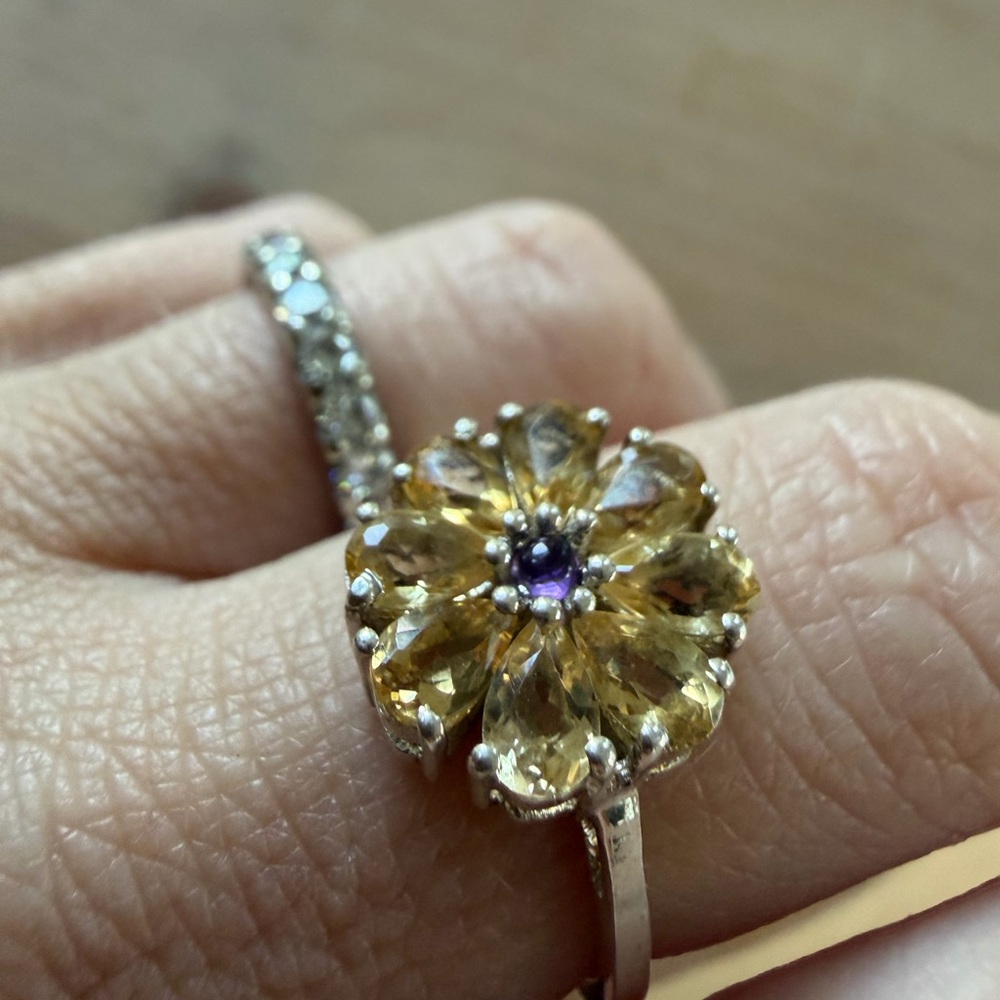 Vintage Flower Ring w Citrine Sapphire and Stamped 925 Silver Jewelry Floral